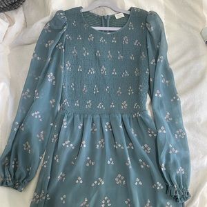 Aritzia Teal Blue Floral Smocked Bodice Long Sleeve Dress